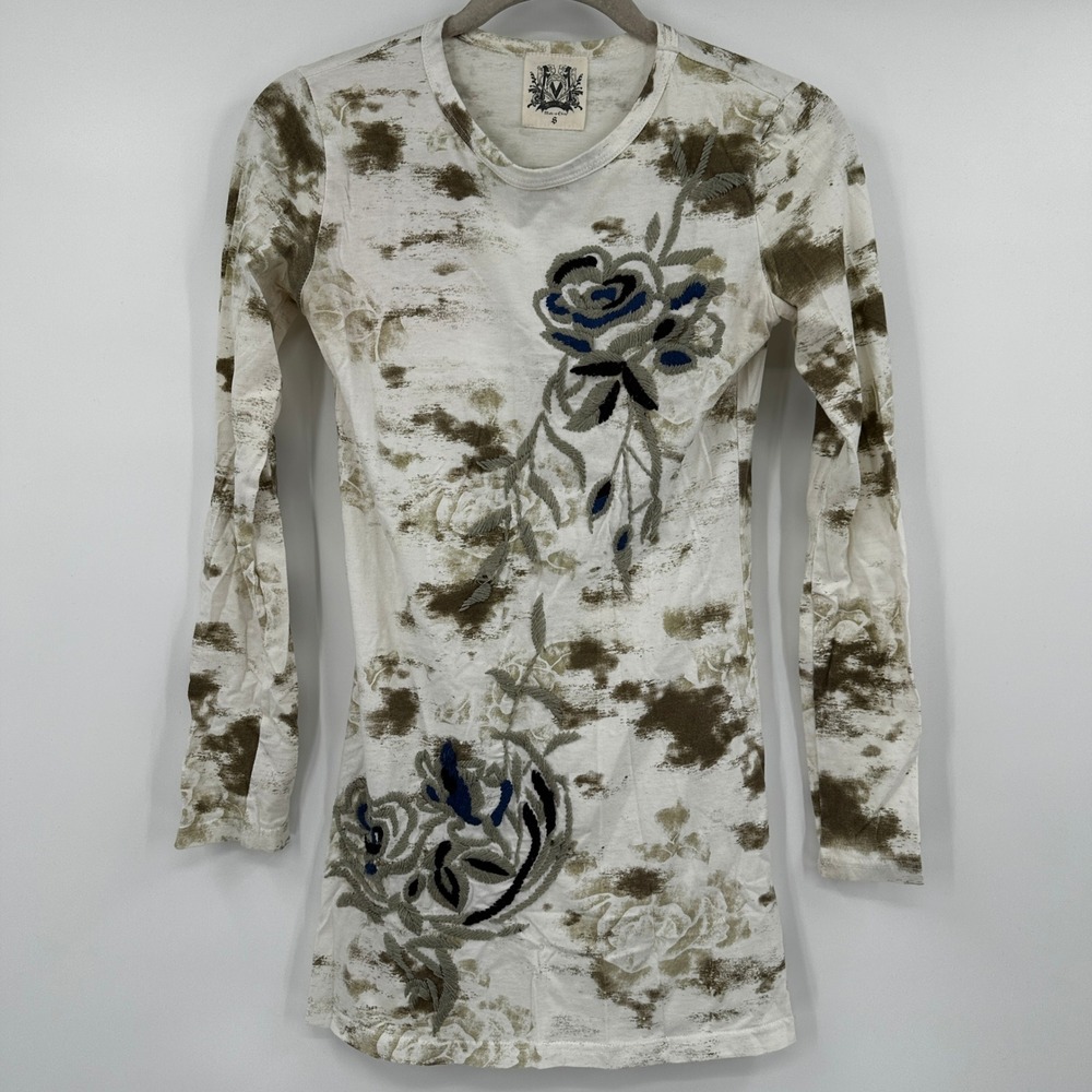 Miss Me Long Sleeve Floral Embroidered Distressed Top Cream Small Fairy Indie